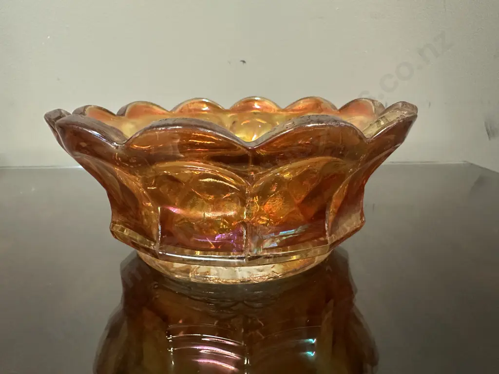 Vintage Carnival Glass Bowl Marigold With Grape Pattern H6cm,Dia15cm. Image 1++