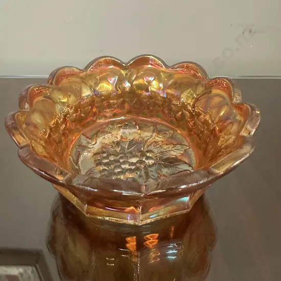 Vintage Carnival Glass Bowl Marigold With Grape Pattern H6cm,Dia15cm.