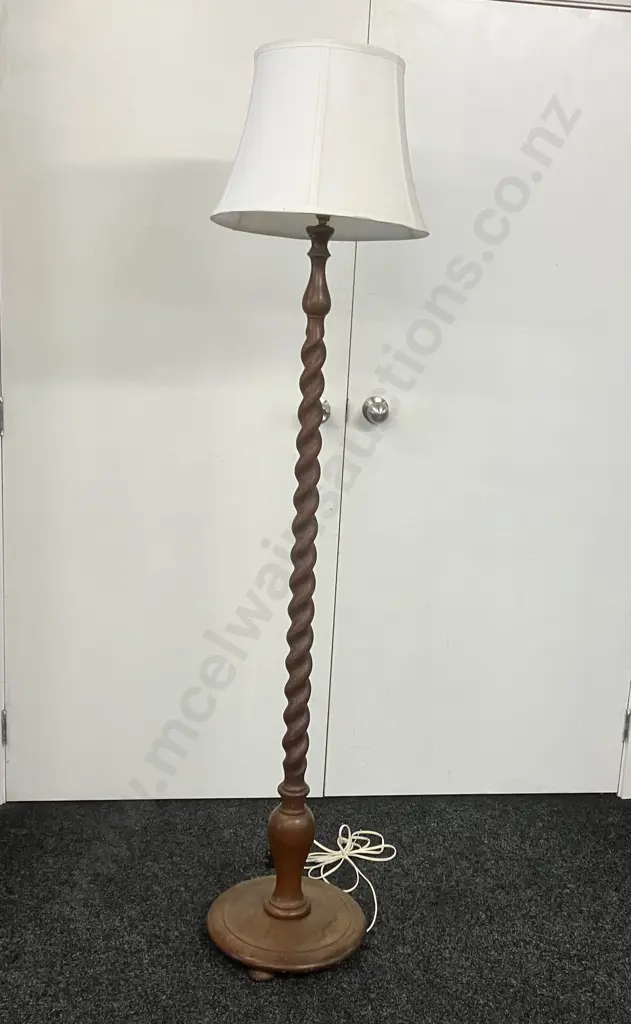 Oak Barley Twist Floor Lamp With White Shade. H177cm Image 1++