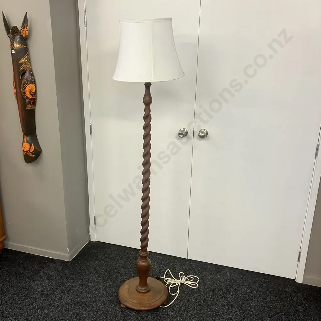 Oak Barley Twist Floor Lamp With White Shade. H177cm Image 1++