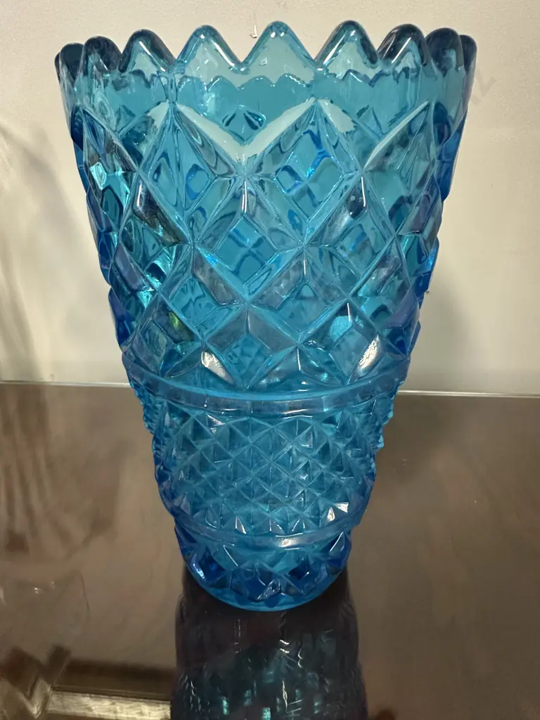 Vintage Blue Glass Diamond Point Vase H25cm. Image 1++
