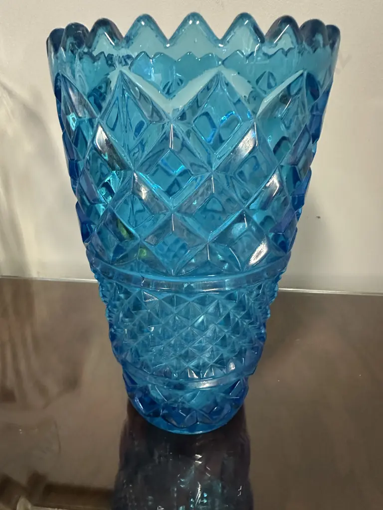 Vintage Blue Glass Diamond Point Vase H25cm. Image 1++