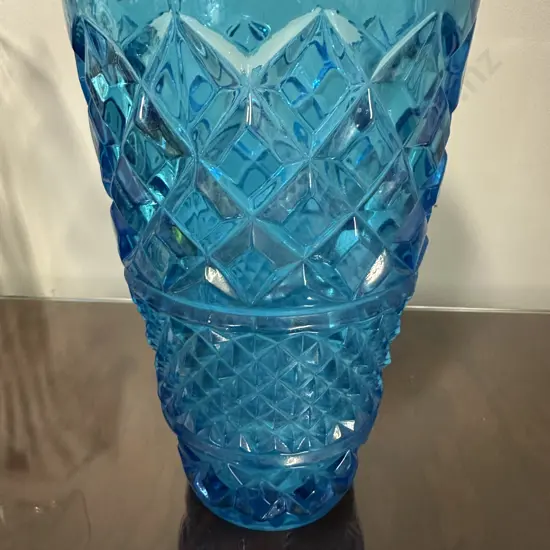 Vintage Blue Glass Diamond Point Vase H25cm.