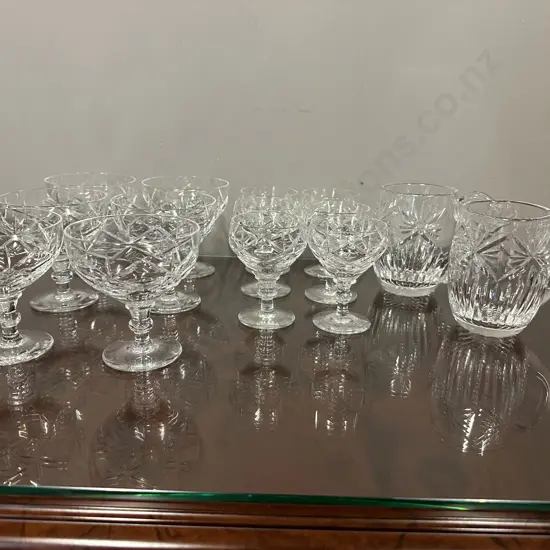 Vintage Crystal Glasses Including Champagne, Sherry & Beer Steins. (1x champagne glass chipped on rim)