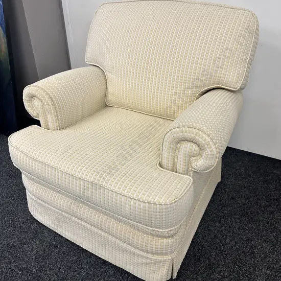 White & Gold Colour Check Rolled Arm Armchair