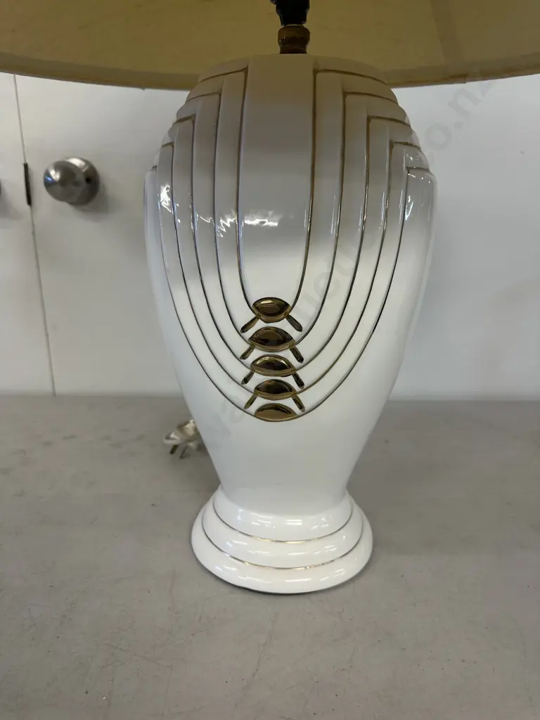 Ceramic White / Gilt Detail Table Lamp With Cream & Gold Trim Shade. H67cm Image 1++