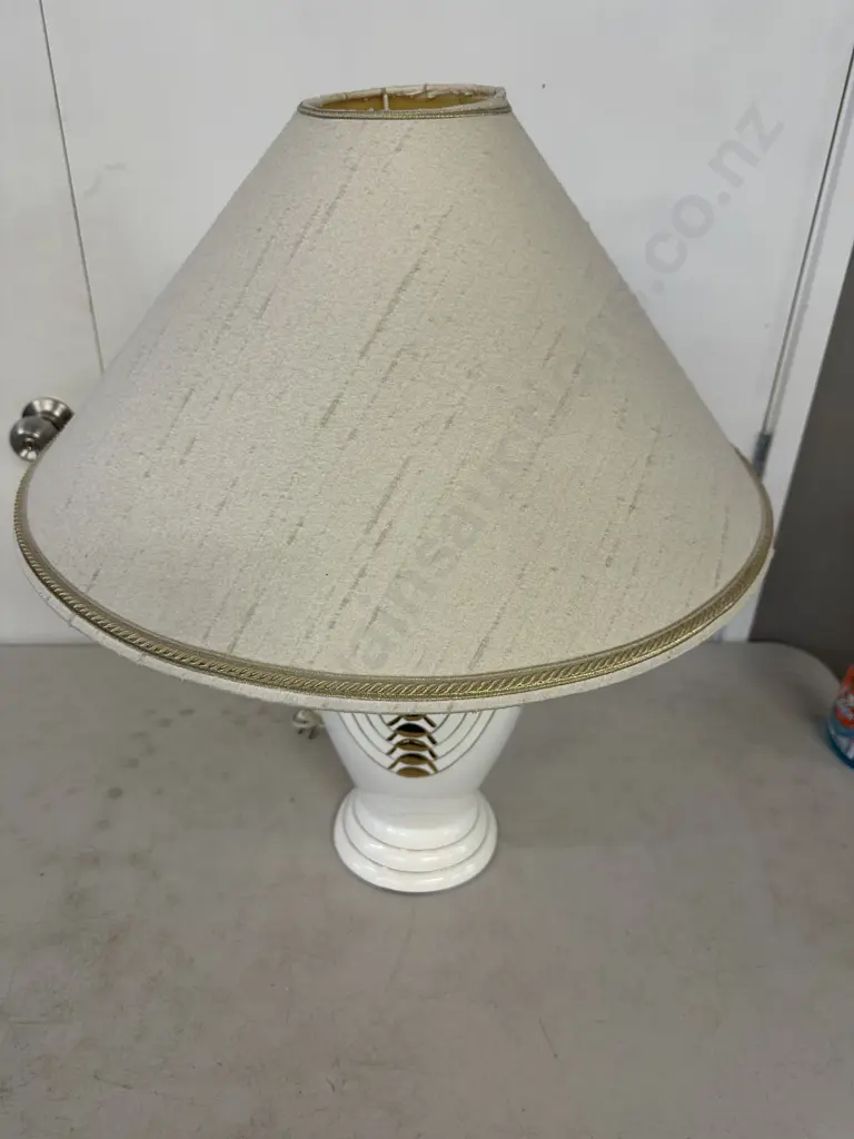 Ceramic White / Gilt Detail Table Lamp With Cream & Gold Trim Shade. H67cm Image 1++