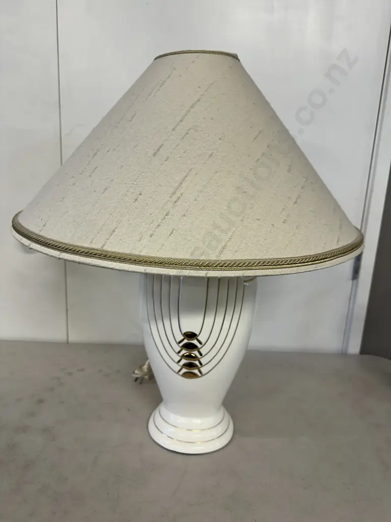 Ceramic White / Gilt Detail Table Lamp With Cream & Gold Trim Shade. H67cm Image 1++