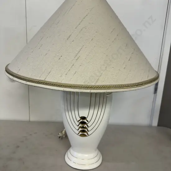 Ceramic White / Gilt Detail Table Lamp With Cream & Gold Trim Shade. H67cm