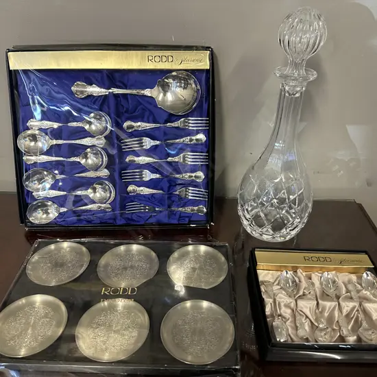 Crystal Decanter, Glasses, Silverware & Pewter Ware.