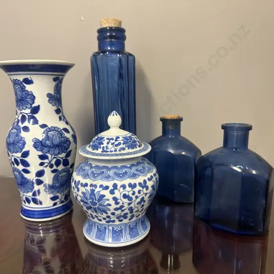 Blue & White China & Glass Items Including Canister, Vase Etc