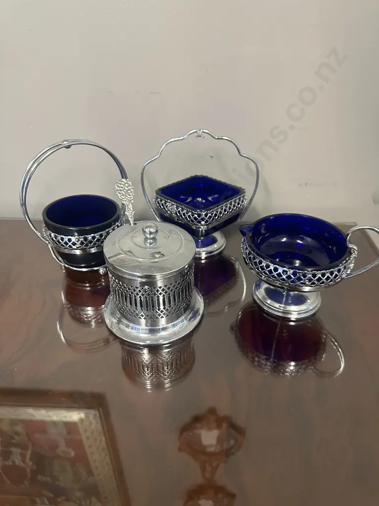 Colbalt Blue Glass & Chrome Plated Dishes x4 Image 1++