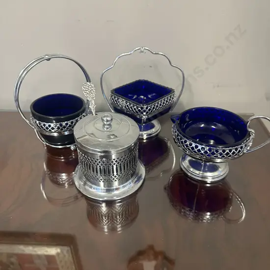 Colbalt Blue Glass & Chrome Plated Dishes x4