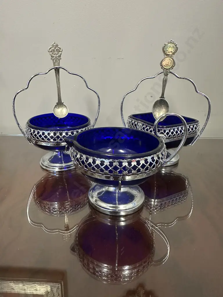 Colbalt Blue Glass & Chrome Plated Dishes x3 Image 1++