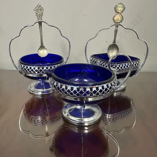 Colbalt Blue Glass & Chrome Plated Dishes x3