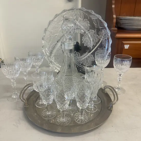 Assorted Crystal, Glasses & Silverware Tray