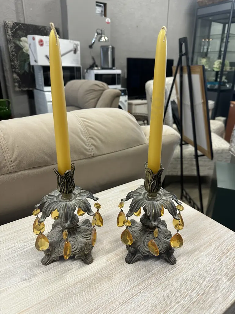 Vintage Ornate Candle Stick Holders & Candles H39cm. Image 1++