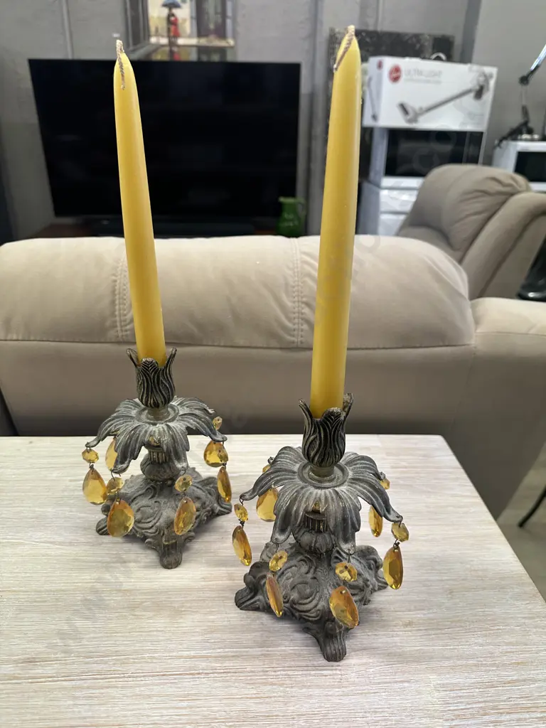 Vintage Ornate Candle Stick Holders & Candles H39cm. Image 1++