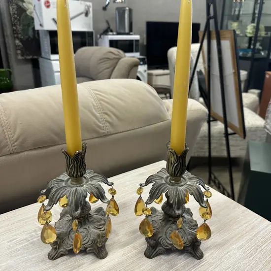 Vintage Ornate Candle Stick Holders & Candles H39cm.