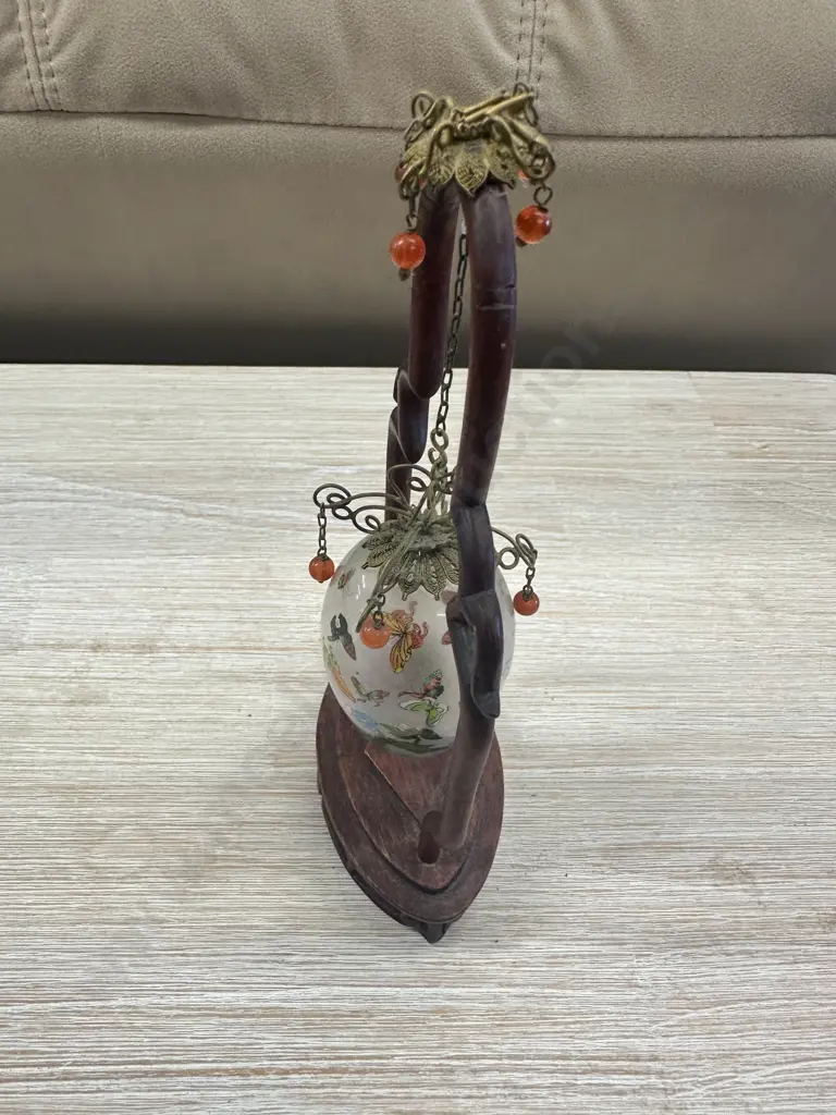 Vintage Chinese Glass Egg On Hanging Wooden Base H20cm. Image 1++