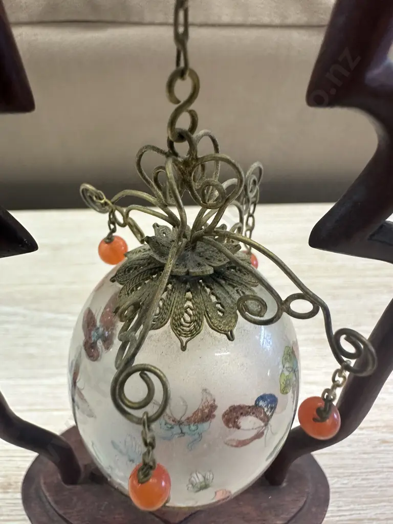 Vintage Chinese Glass Egg On Hanging Wooden Base H20cm. Image 1++