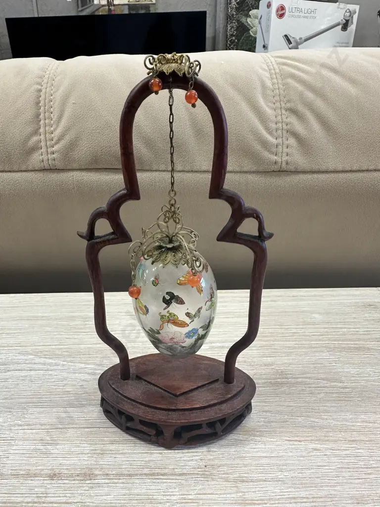 Vintage Chinese Glass Egg On Hanging Wooden Base H20cm. Image 1++
