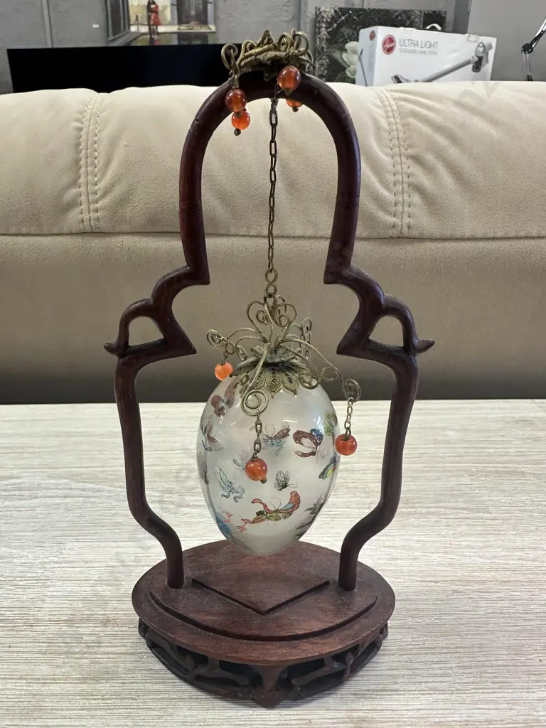 Vintage Chinese Glass Egg On Hanging Wooden Base H20cm. Image 1++