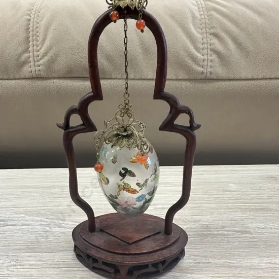 Vintage Chinese Glass Egg On Hanging Wooden Base H20cm.