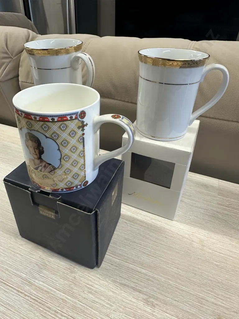 Pair Of New Noritake Mugs & James Sadler Mug To Commemorate 60 Years Of Her Majesty Image 1++