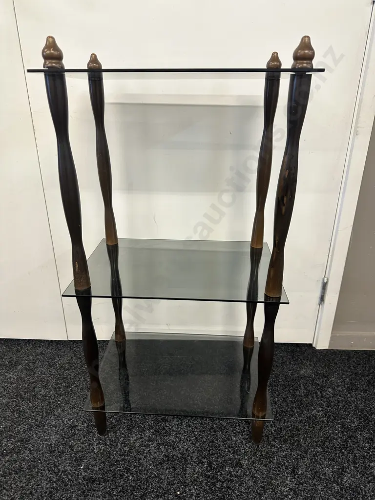 Mid Century Wood & Smoked Glass 3 Tier Shelf Unit. H85 W43.5 D29cm Image 1++