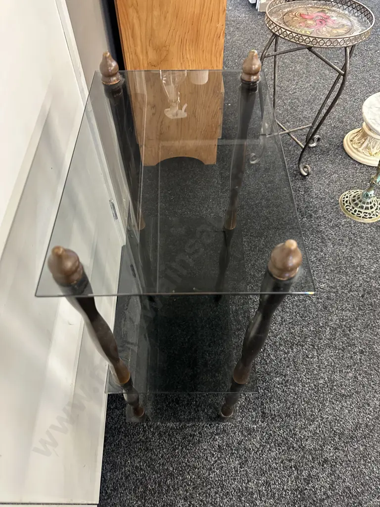 Mid Century Wood & Smoked Glass 3 Tier Shelf Unit. H85 W43.5 D29cm Image 1++