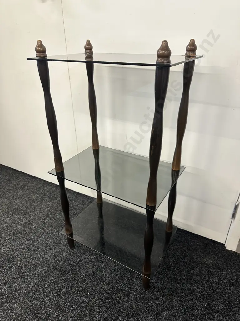Mid Century Wood & Smoked Glass 3 Tier Shelf Unit. H85 W43.5 D29cm Image 1++
