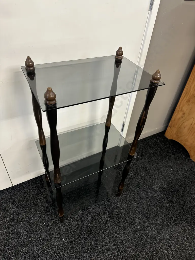Mid Century Wood & Smoked Glass 3 Tier Shelf Unit. H85 W43.5 D29cm Image 1++