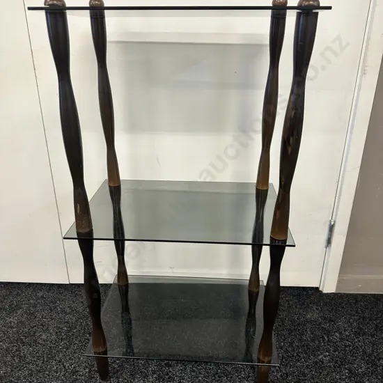 Mid Century Wood & Smoked Glass 3 Tier Shelf Unit. H85 W43.5 D29cm