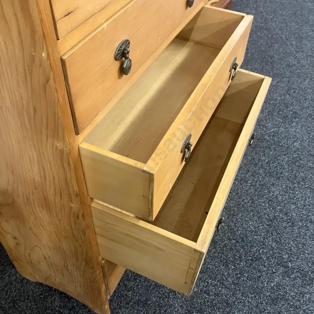Antique Colonial Kauri 6 Drawer Tallboy With Sunburst Cast Drop Pulls. H111 W75 D39cm Image 1++