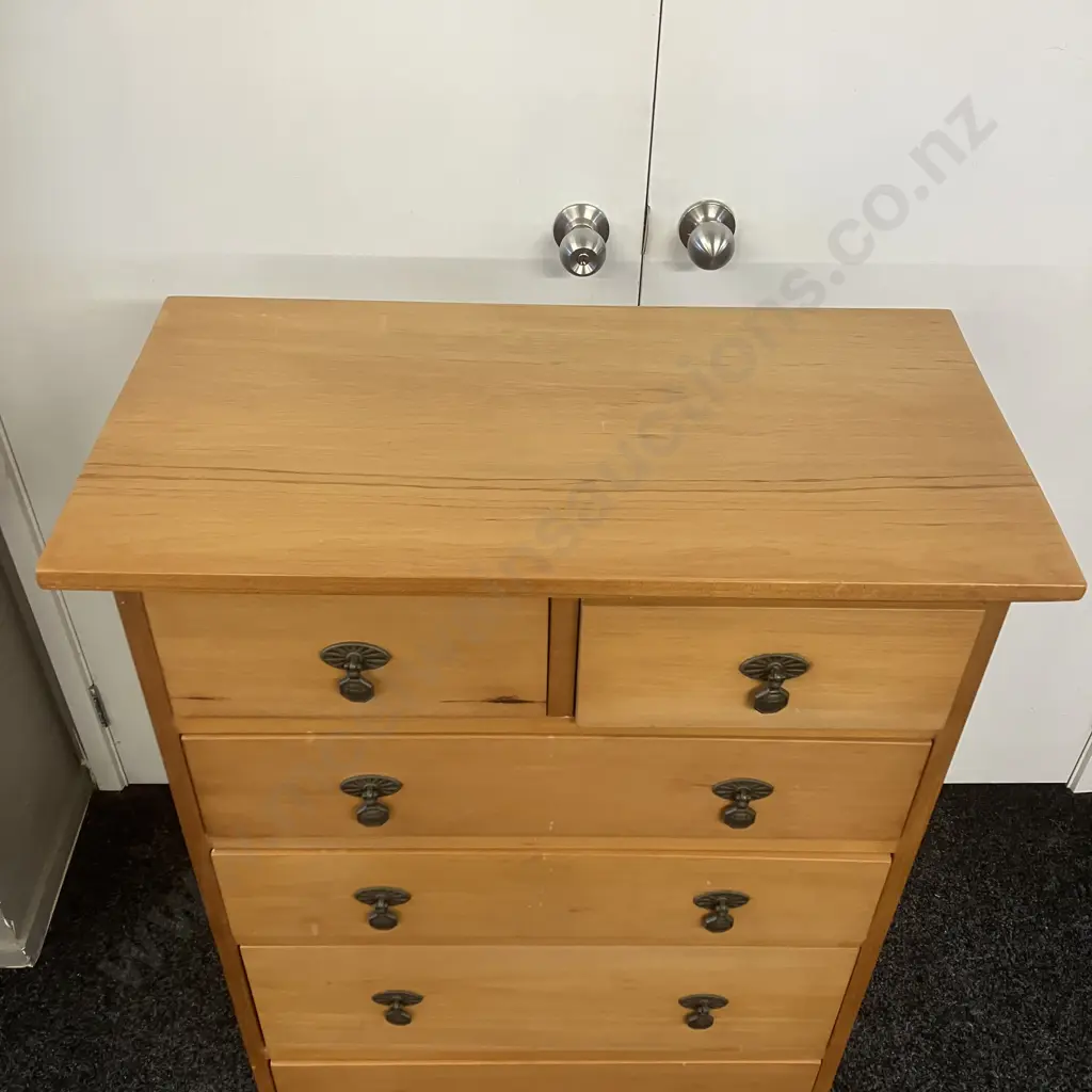 Antique Colonial Kauri 6 Drawer Tallboy With Sunburst Cast Drop Pulls. H111 W75 D39cm Image 1++