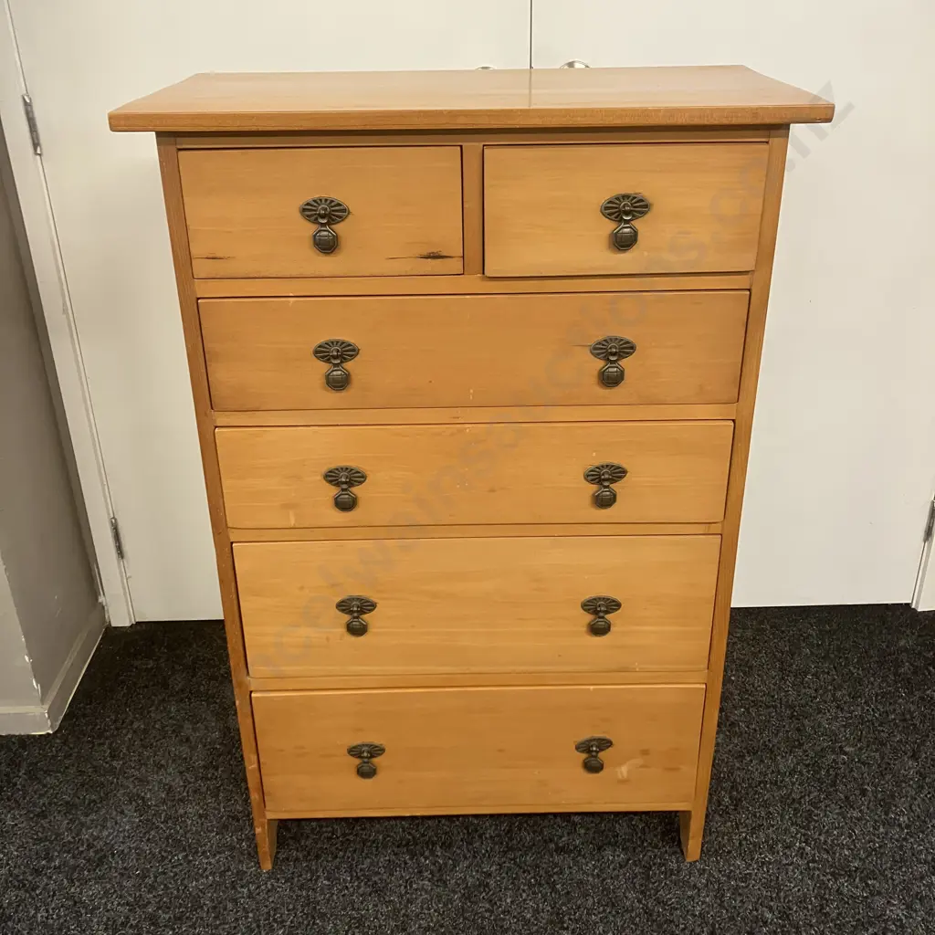 Antique Colonial Kauri 6 Drawer Tallboy With Sunburst Cast Drop Pulls. H111 W75 D39cm Image 1++