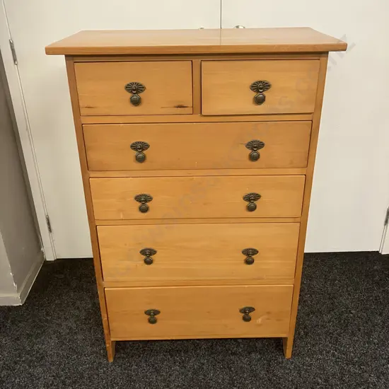 Antique Colonial Kauri 6 Drawer Tallboy With Sunburst Cast Drop Pulls. H111 W75 D39cm