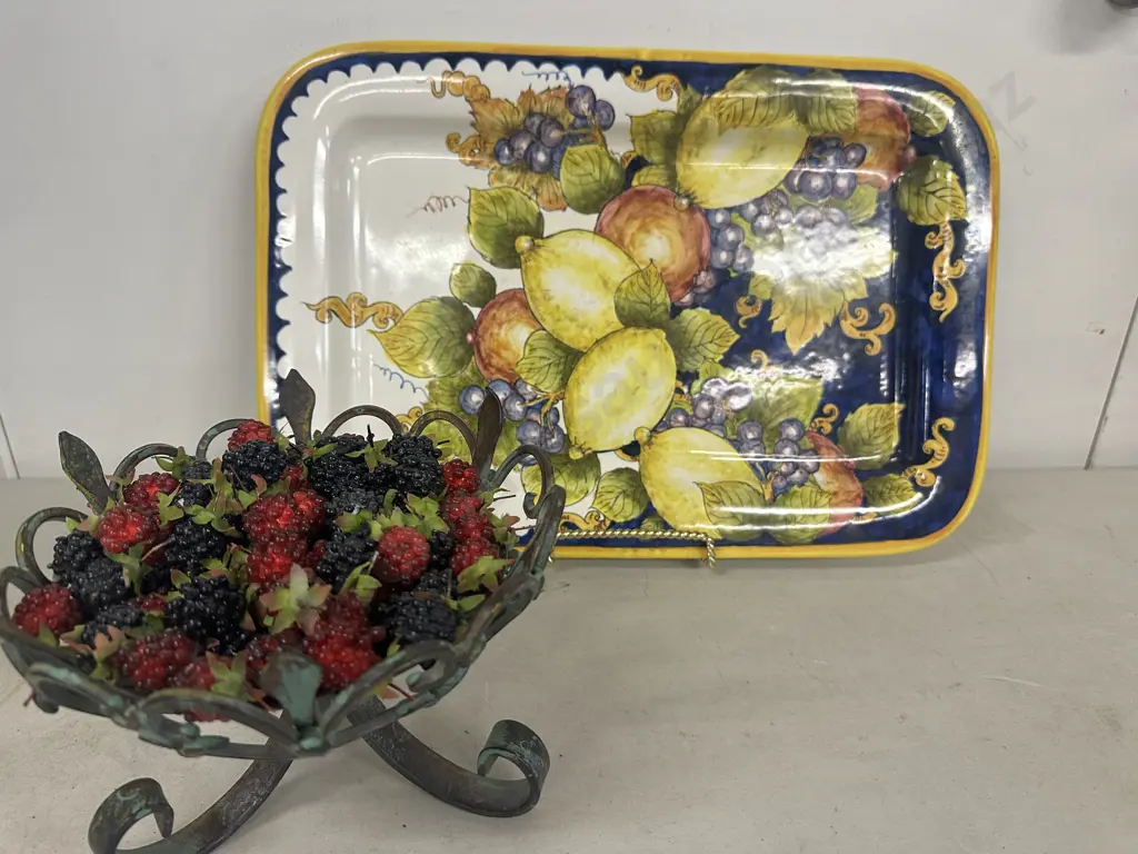 Italian Platter & Wrought Friut Bowl With Decorative Berries Image 1++
