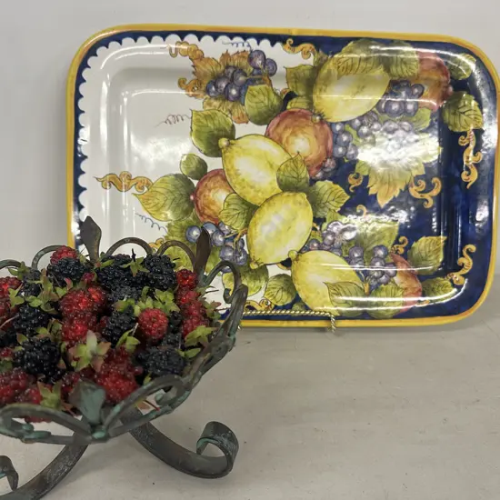 Italian Platter & Wrought Friut Bowl With Decorative Berries