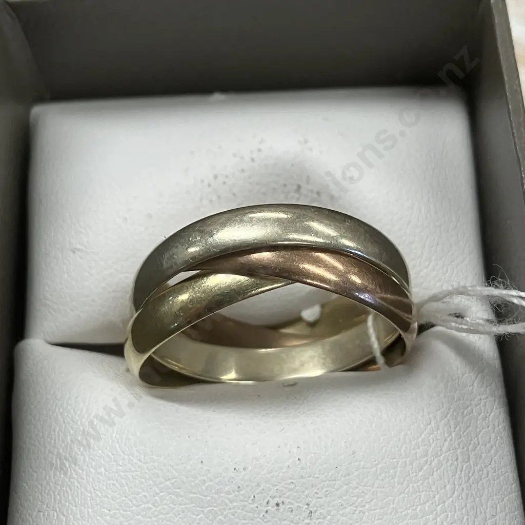 9ct Yellow, White & Rose Gold Russian Wedding Band Ring, Stamped 9ct Image 1++