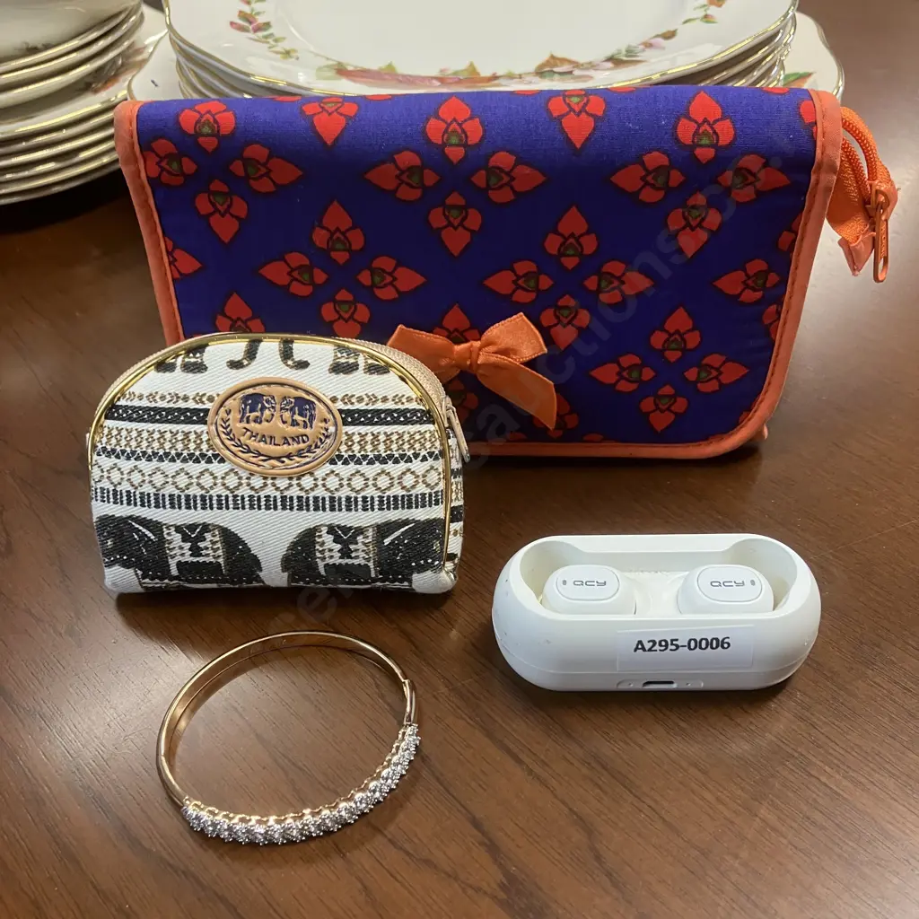 Bangle Stamped XP 57, QCY Ear Buds With Charging Case, Coin Purse & Orange & Blue Purse Image 1++