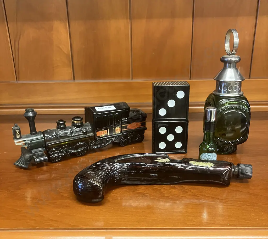 Vintage Avon Bottles - Domino Decanter, Phili Derringer, 1876 Mason Works Train, Ships Lantern & Faberge Brut Bottle Image 1++