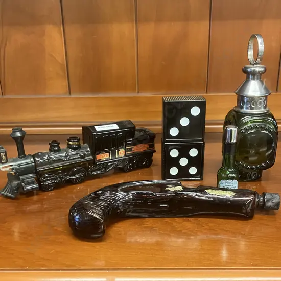 Vintage Avon Bottles - Domino Decanter, Phili Derringer, 1876 Mason Works Train, Ships Lantern & Faberge Brut Bottle