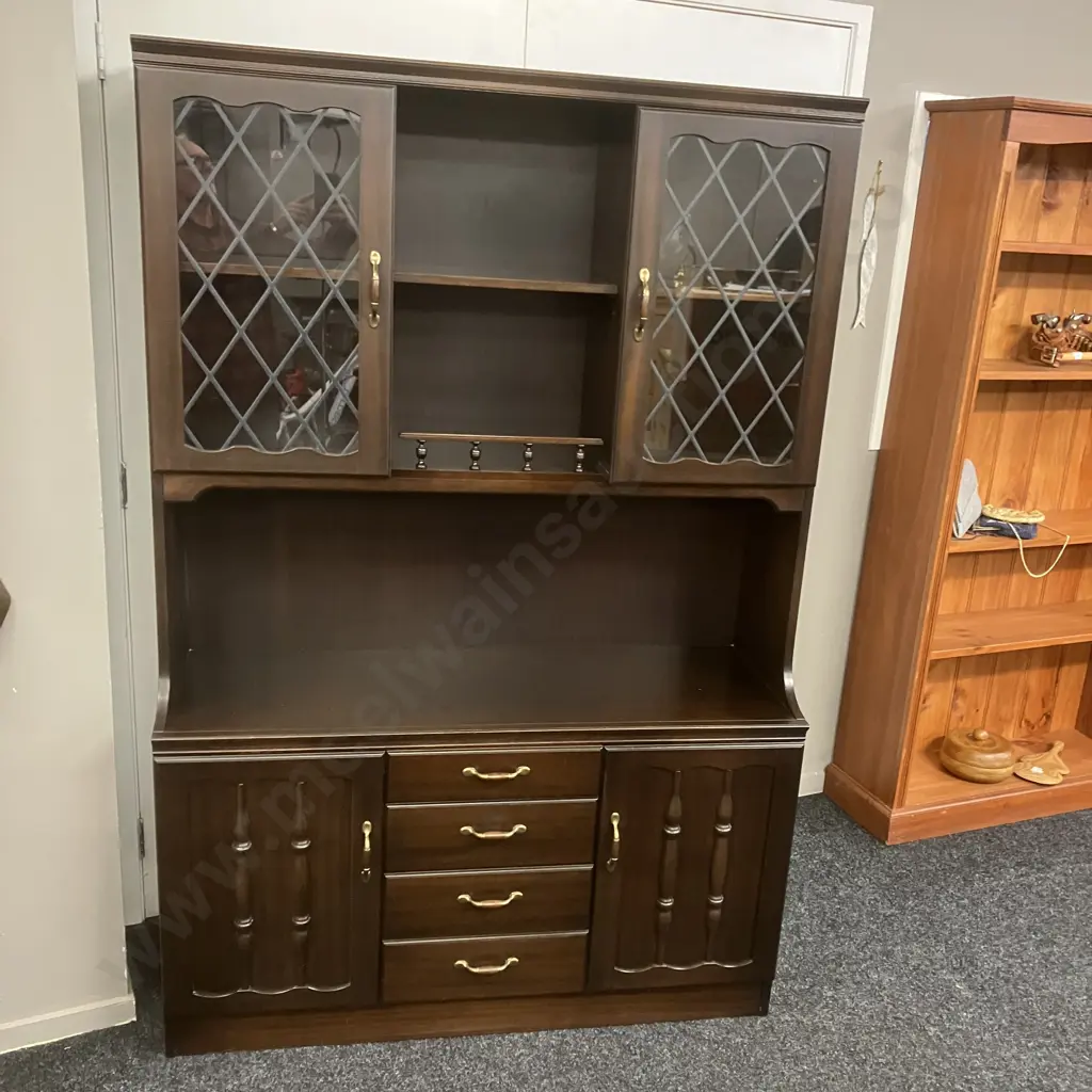 Vintage Mahogany Hutchdresser, Leadlight Effect Doors, Metal & Wood Handles, 4 Door, 4 Drawer. H179 W120 D32cm Image 1++