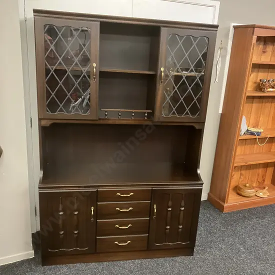 Vintage Mahogany Hutchdresser, Leadlight Effect Doors, Metal & Wood Handles, 4 Door, 4 Drawer. H179 W120 D32cm