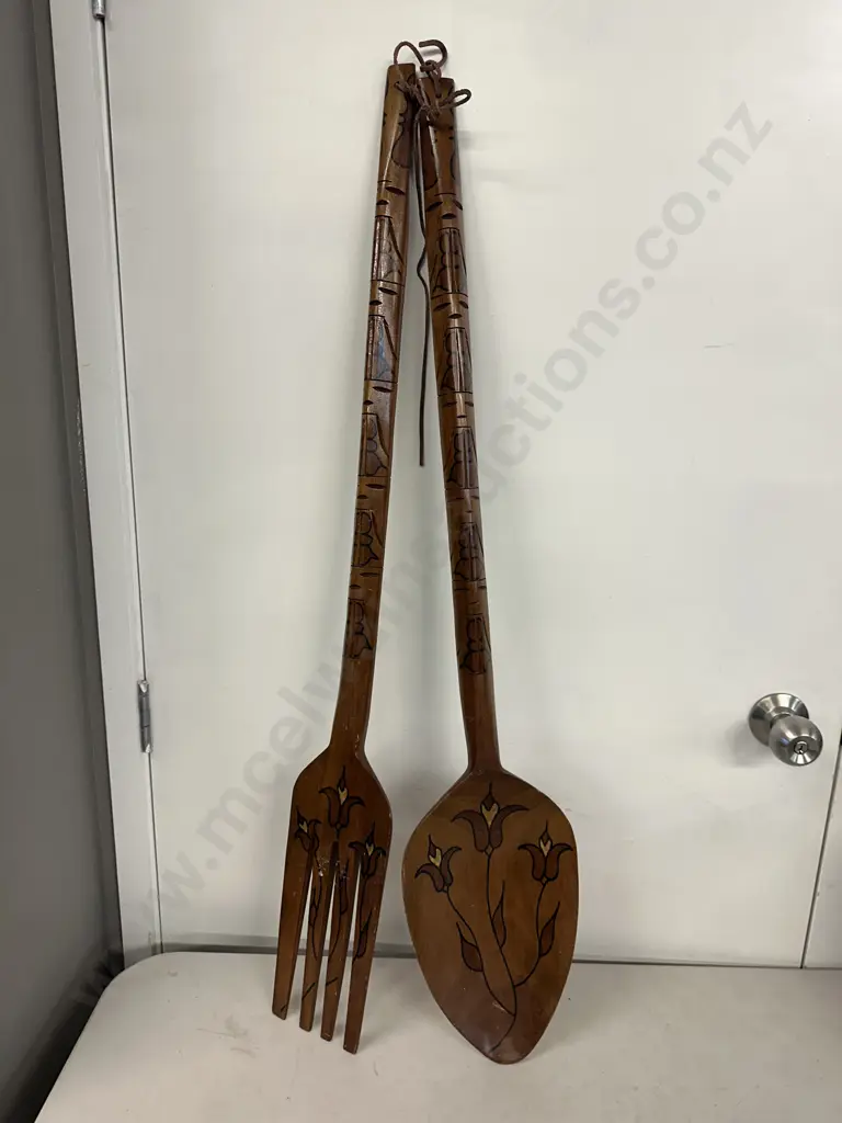 Vintage Wooden Spoon & Fork H98.5cm. Image 1++