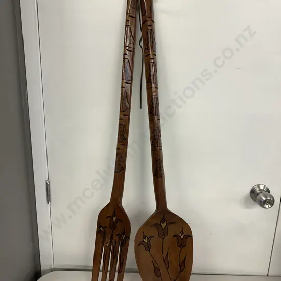 Vintage Wooden Spoon & Fork H98.5cm.