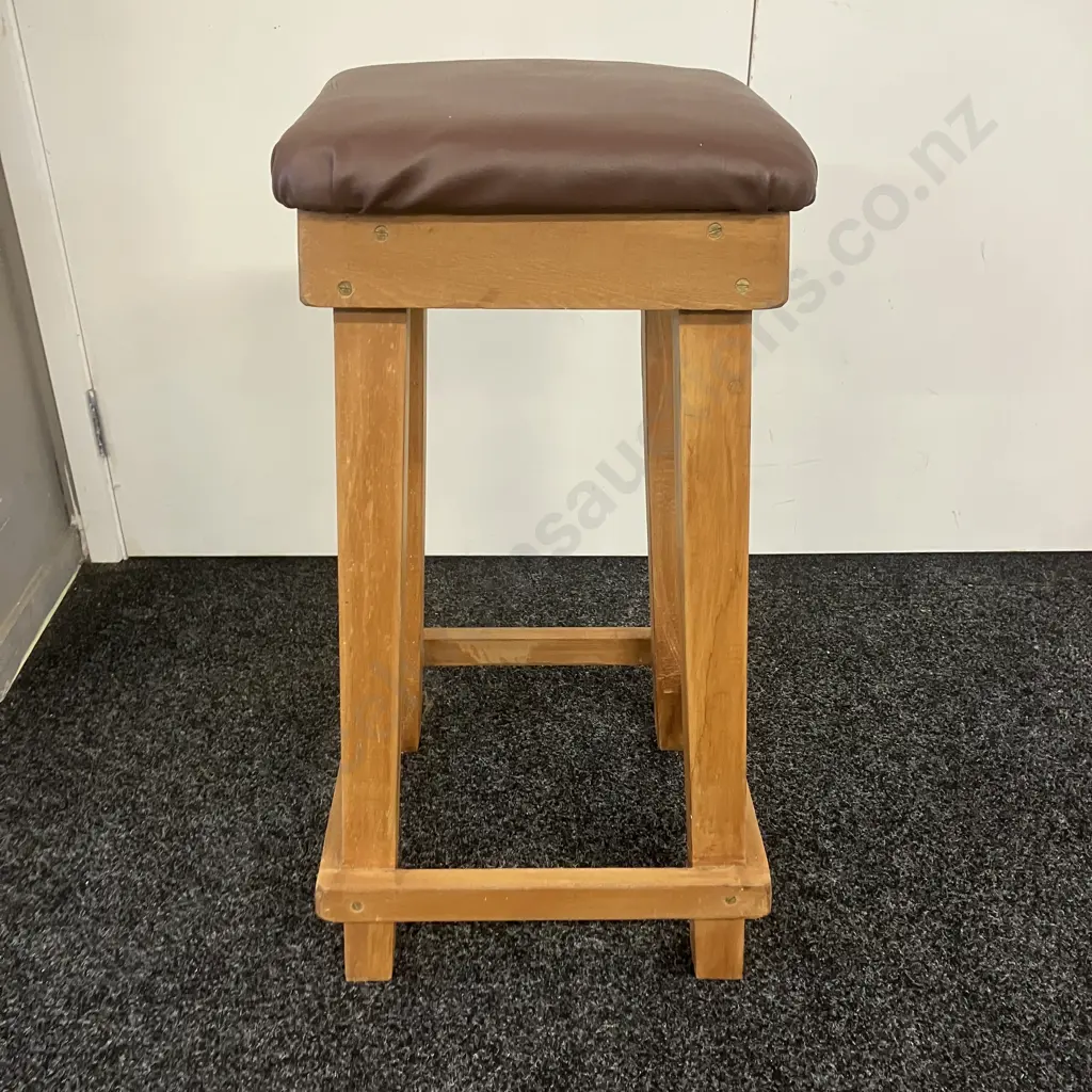 Vintage Rimu Barstool With Brown Upholstered Seat. H71cm Image 1++