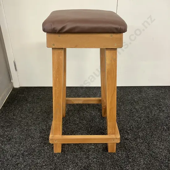 Vintage Rimu Barstool With Brown Upholstered Seat. H71cm